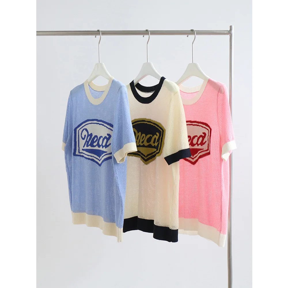 2023 Summer Women Korean Dongdaemun Lyocell Knit T-shirt Contrast Hollow Short Sleeve Tee Knitwears Letter Print Crochet Top
2023 Summer Women Korean Dongdaemun Lyocell Knit T-shirt Contrast Hollow Short Sleeve Tee Knitwears Letter Print Crochet Top