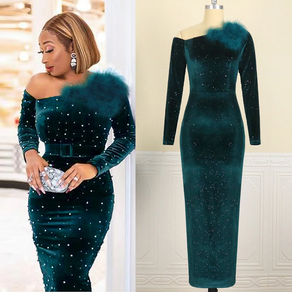 Sequins Velvet Party Dress for Women Autumn Winter Fur One Shoulder Long Sleeves Elegant Ladies Evening Dresses
Sequins Velvet Party Dress for Women Autumn Winter Fur One Shoulder Long Sleeves Elegant Ladies Evening Dresses
