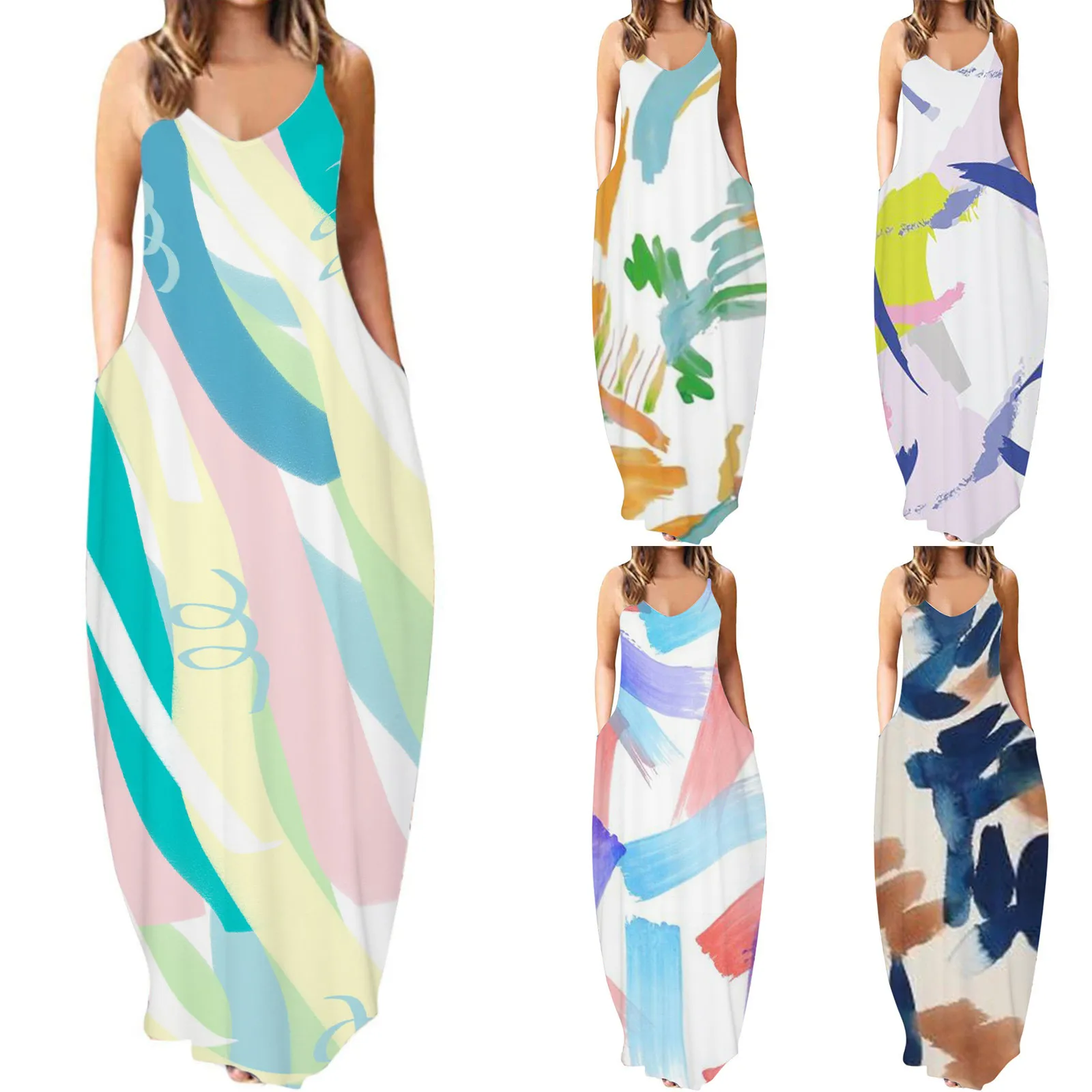 

Womens Fall Dresses Women'S Dress Digital Print Multi Color Lines Camo Print Loose Sleeveless Suspender Drawstring Waist Dress