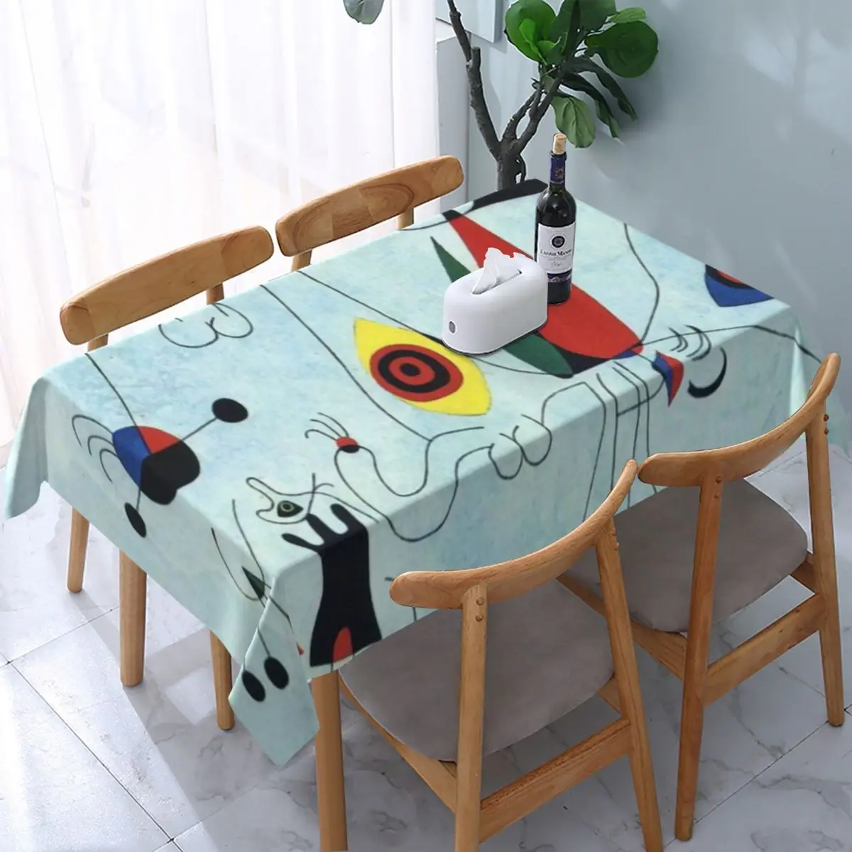 

Rectangular Waterproof And Birds At Sunrise Table Cover Fitted Joan Miro Abstract Art Table Cloth Backing Tablecloth for Picnic