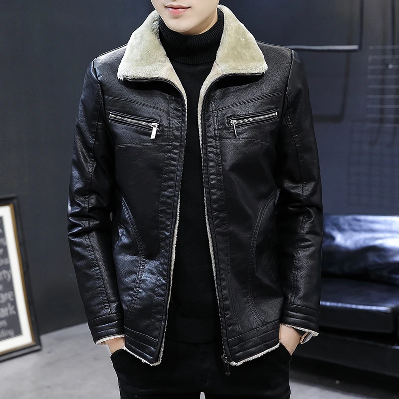 

Мужская зимняя кожаная куртка, однотонная бархатная деловая куртка средней длины с лацканами, сохраняющая тепло черная кожаная ветровка, модель 2023 года