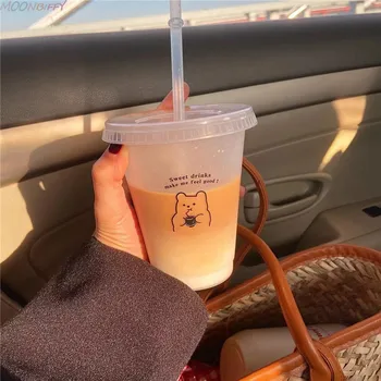 480/700ML Cute Water Bottle With Straw Reusable Drinking Bottle BPA Free Transparent Coffee Cup Milk and Mocha Cola Juice Mugs