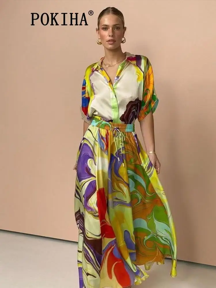 POKIHA Short Sleeve T Shirt Satin Loose Print Suit Women Casual Drawstring Big Hem Skirt Two Piece Sets Office Lady Blouse
POKIHA Short Sleeve T Shirt Satin Loose Print Suit Women Casual Drawstring Big Hem Skirt Two Piece Sets Office Lady Blouse