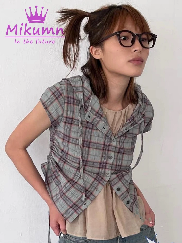 Harajuku Retro Plaid Shirt Women Hooded Shirt Korean Style Female Drawstring Checkered Short Sleeve Blouse Streetwear Casual Top
Harajuku Retro Plaid Shirt Women Hooded Shirt Korean Style Female Drawstring Checkered Short Sleeve Blouse Streetwear Casual Top