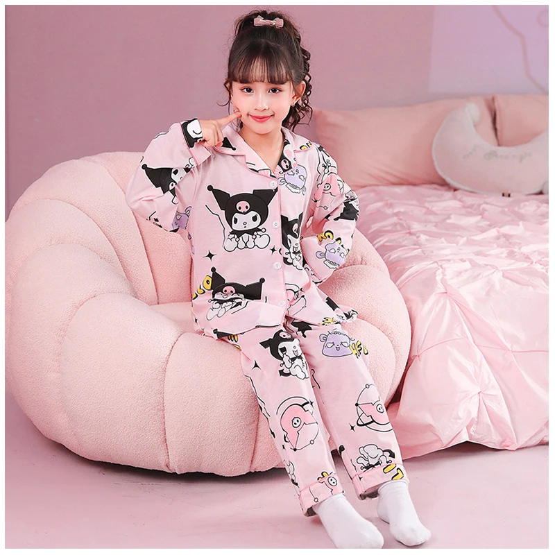 

Пижамный комплект Sanrios Cinnamoroll Kuromi для девочек, с длинными рукавами и брюками из мультфильма, хлопковая Домашняя одежда из аниме, мягкая удобная одежда