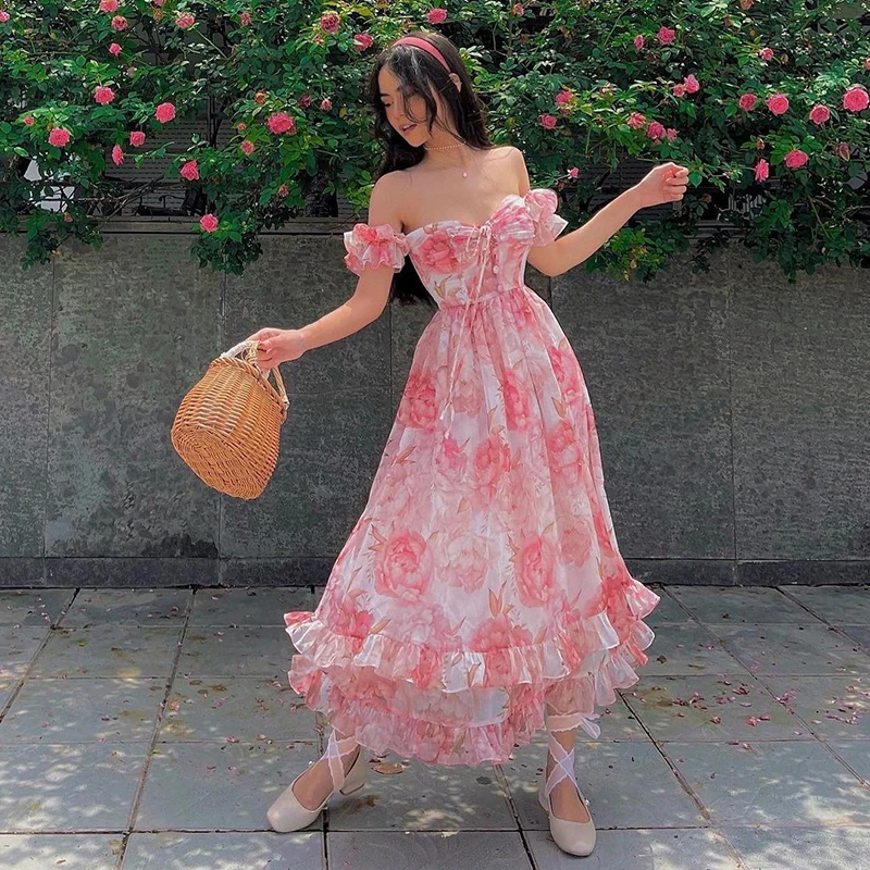 Holiday Dress Women 2022 Summer Off the shoulder Print Pink Ruffles Strapless Boho Midi Dress With Belt Long Beach Dress
Holiday Dress Women 2022 Summer Off the shoulder Print Pink Ruffles Strapless Boho Midi Dress With Belt Long Beach Dress