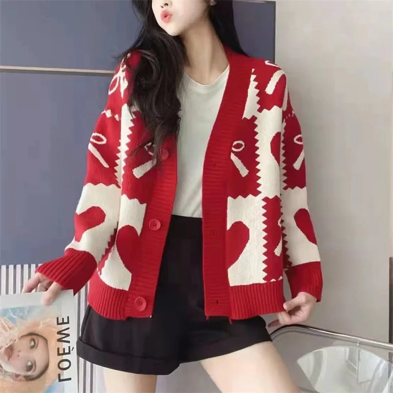 Зеленый вязаный клетчатый кардиган с бантом Love, свитер, Женская Повседневная Свободная блестящая куртка с V-образным вырезом, женские осенн...