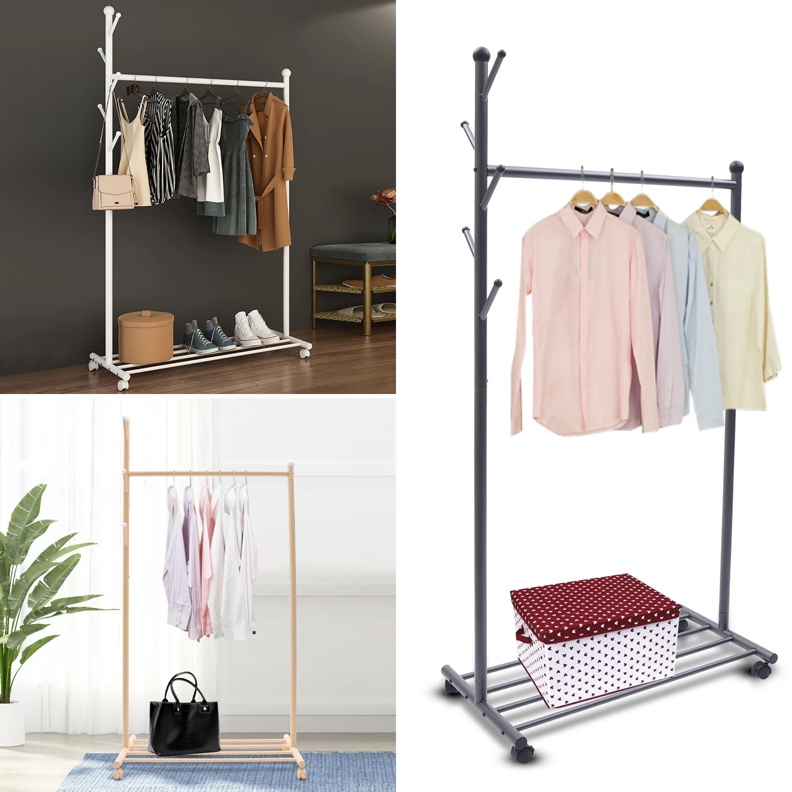 

Free-Standing Rolling Garment Rack with Lockable Wheels Coat Rack Storage Stand for Bedroom Laundry Small Place Entryway