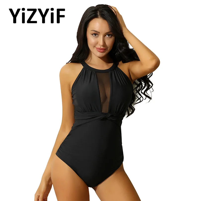 

One Piece Swimsuit Women 2021 Sleeveless Monokini Swimwear Sexy High Neck Plunge Mesh Bathing Suit Tummy Control Beachwear