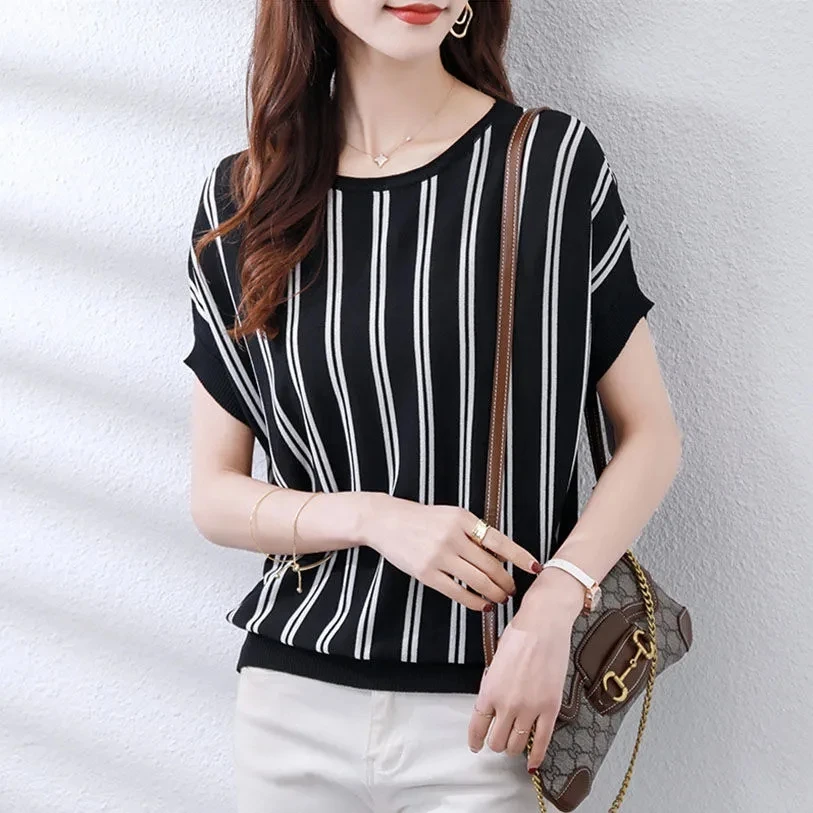 M-5XL Striped Short Sleeve T Shirt Elegant Batwing Sleeve Aesthetic Clothing Summer Blouses For Women Free Shipping
M-5XL Striped Short Sleeve T Shirt Elegant Batwing Sleeve Aesthetic Clothing Summer Blouses For Women Free Shipping