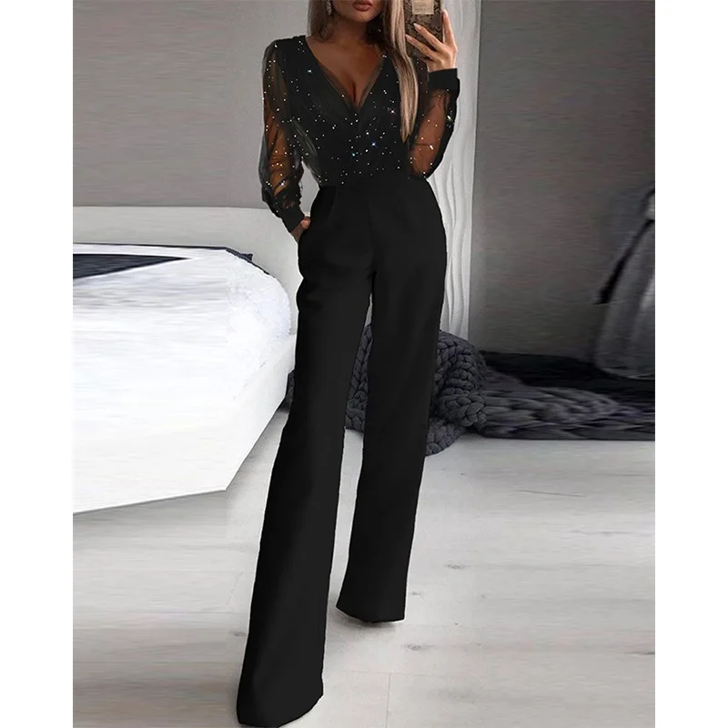 New Women's Clothing Solid Color Trousers Jumpsuits V Neck Mesh Diamond Embedded Sexy Long Sleeve Slim Fit Bodysuit
New Women's Clothing Solid Color Trousers Jumpsuits V Neck Mesh Diamond Embedded Sexy Long Sleeve Slim Fit Bodysuit
