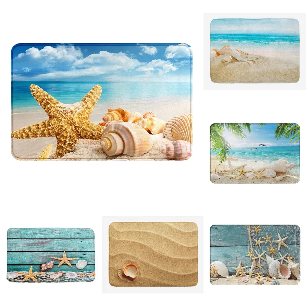 

Beach Starfish Shell Flannel Bath Mat Tropical Sea Scenery Net Bathroom Decor Rug Kitchen Carpet Bedroom Indoor Doormat Foot Pad