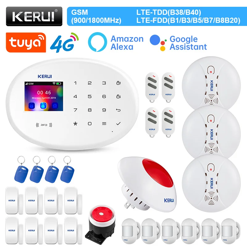 

KERUI 4G WIFI GSM Alarm W204 Residential Alarm Motion Sensor Detector RFID Card Door Sensor Outdoor IP Camera Indoor 120DB Siren