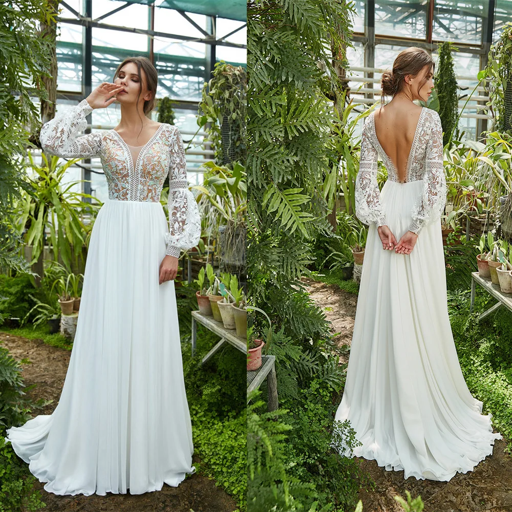 Chiffon Prom Dresses for Women Lace Deep V-neck Long Sleeve Dress Swing Skirt Vestidos Wedding White Evening Party Dress Female
Chiffon Prom Dresses for Women Lace Deep V-neck Long Sleeve Dress Swing Skirt Vestidos Wedding White Evening Party Dress Female