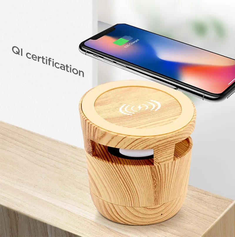 

2 In 1 Wood Grain Wireless Bluetooth Speaker Loud Mini Subwoofer Home Outdoor Wireless Charger for IPhone Xiaomi Phones