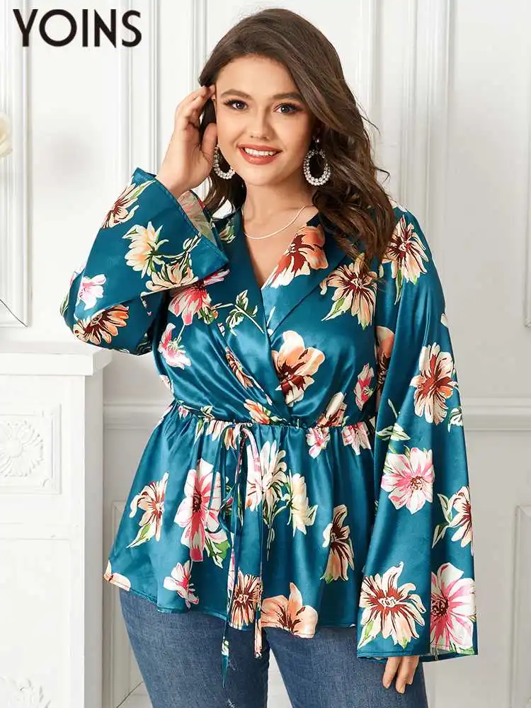 

YOINS 2023 Plus Size Women Blouses Long Sleeve Fashion Floral Print Tie-up Shirts Spring Tops Blusas V Neck Tunic OL Work Top