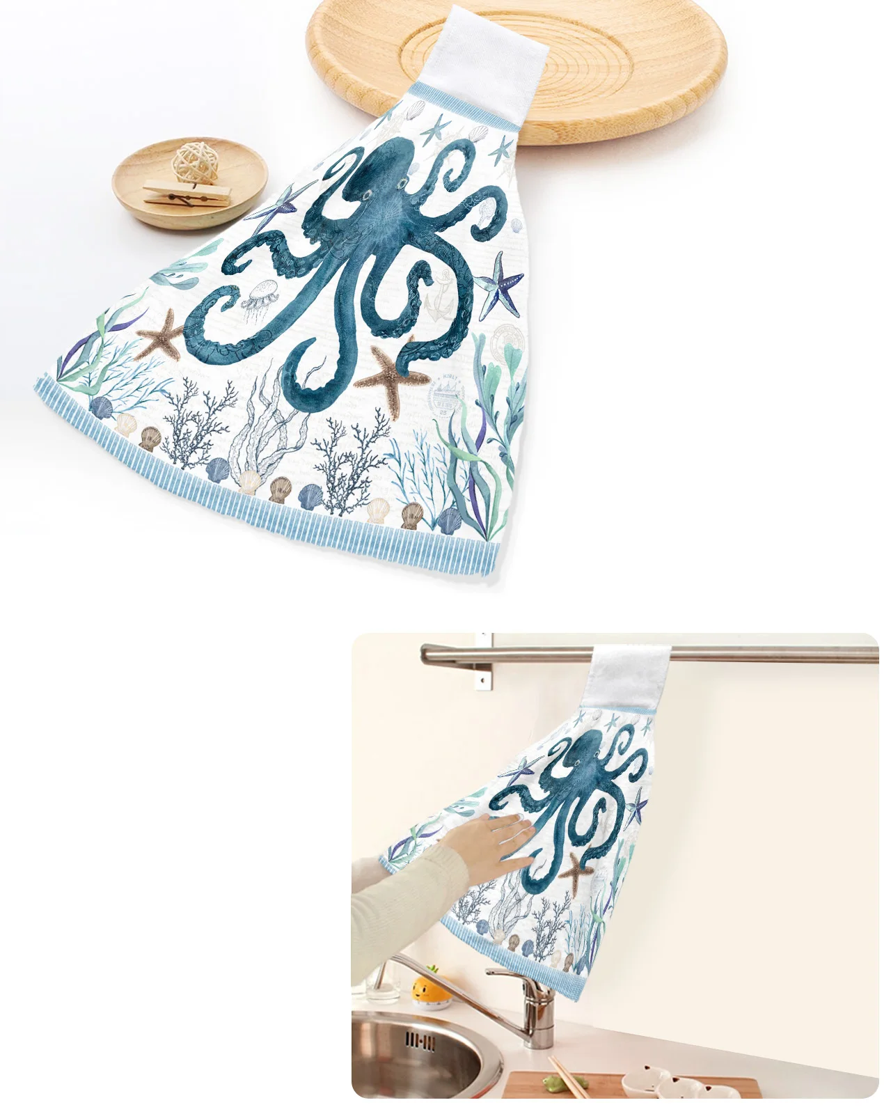

Mediterranean Style Ocean Stripes Starfish Octopus Hand Towels Kitchen Bathroom Hanging Dishcloths Absorbent Custom Wipe Towel