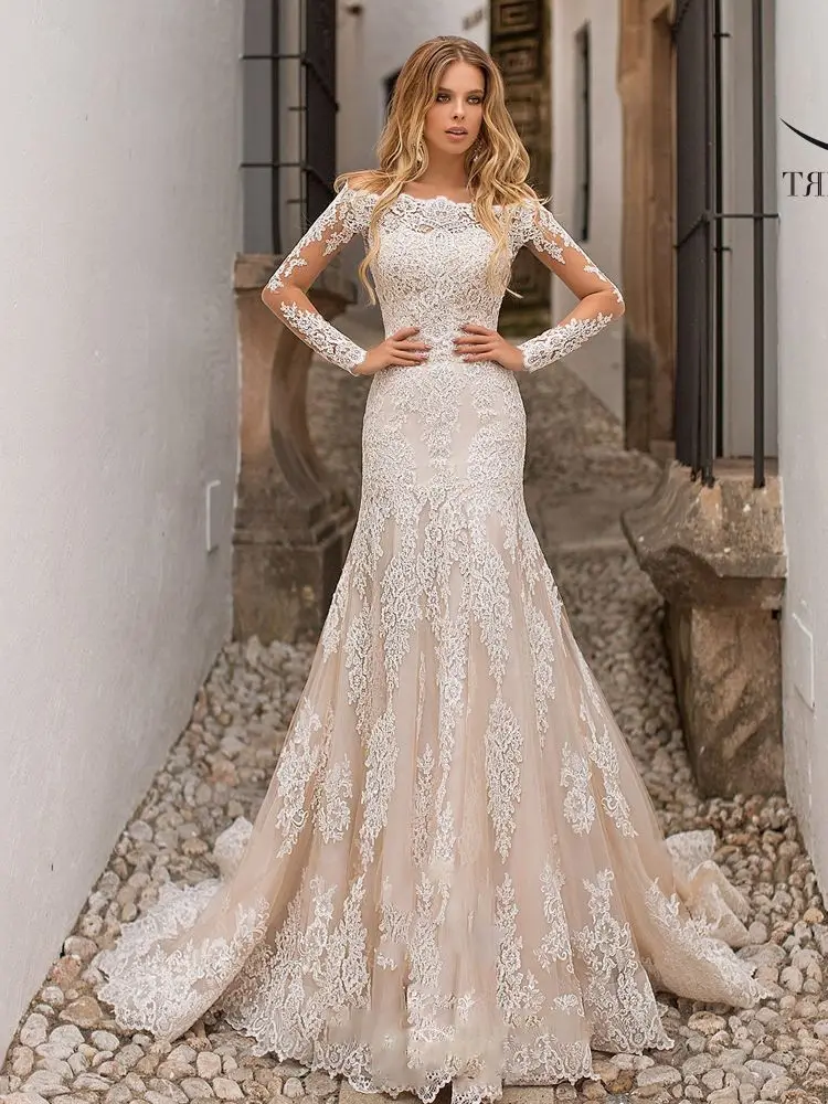 

Свадебное платье-Русалка 3 в 1, винтажная аппликация, с длинным рукавом, со съемным шлейфом, на завязках, платье невесты