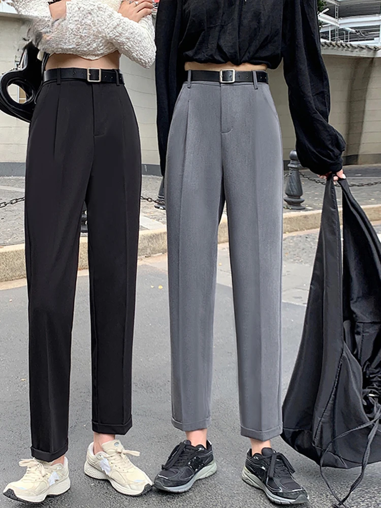 

Модная офисная одежда Jielur в Корейском стиле, прямые серые и черные брюки, женские брюки-Капри, Осенние повседневные Костюмные брюки с поясом