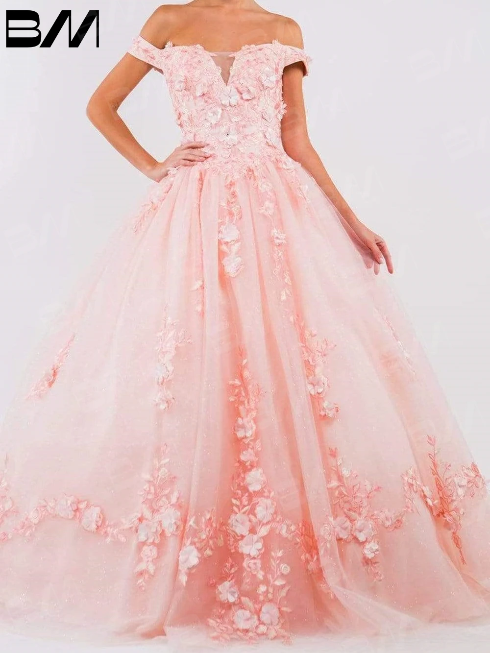 Бальное платье Quinceanera с цветочной аппликацией и открытыми плечами 2023 блестящие