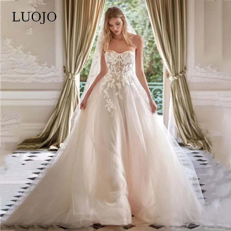 

LUOJO Wedding Dress For Women A-line Strapless Sleeveless Appliques Tea-length Zipper Bridal Gown Custom Mde Vestidos De Novia