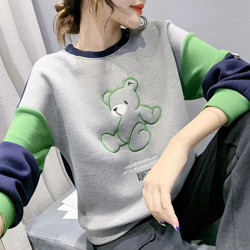 Female Harajuku Loose Bear Embroidered O-neck Pullovers Tops Women Patchwork Colors Matching Fashion Casual Cartoon Sweatshirts
Female Harajuku Loose Bear Embroidered O-neck Pullovers Tops Women Patchwork Colors Matching Fashion Casual Cartoon Sweatshirts