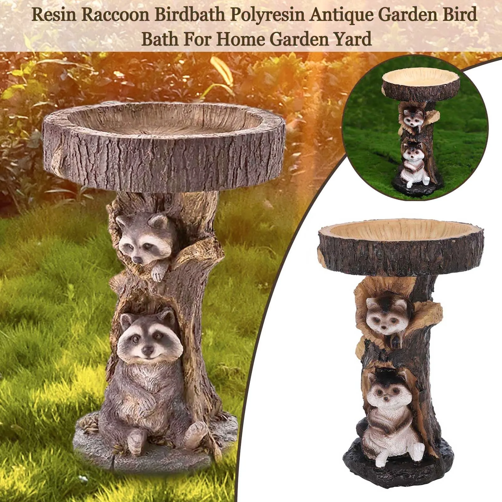 

Retro Resin Raccoon Birdbath Polyresin Sunflower Bird Bath Feeder Animal Antique Garden Yard Decor Outdoor Indoor Ornaments