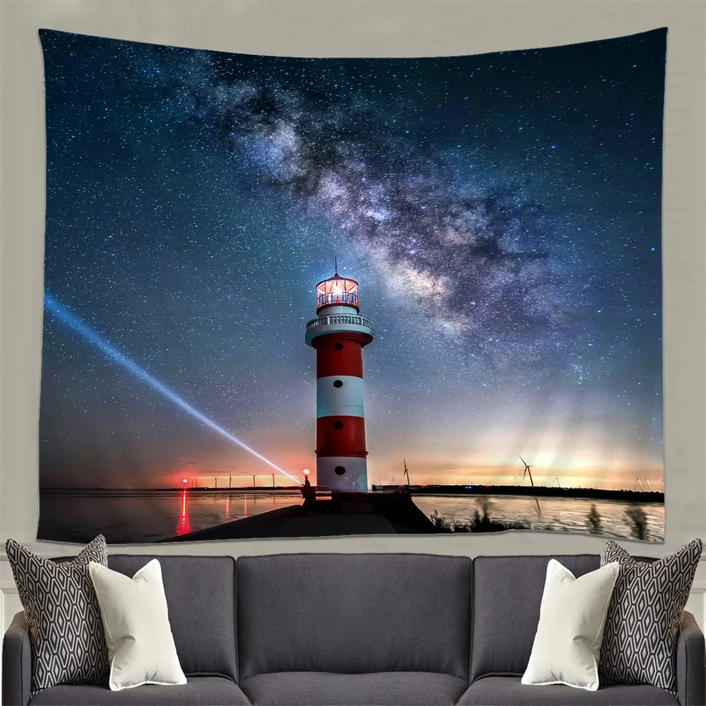 

Lighthouse Decor Tapestry Long Woodwalk Towards the Seaside Night Lighthouse At Sunset Time Wall Art Hanging Dorm Wall Blankets