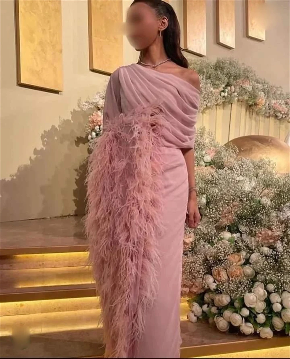 

MINGLAN Pink O Neck Pleat Feathers Mermaid Long Evening Dress Ankle Length Sweep Train Fashion Formal Elegant Prom Gown New 2023