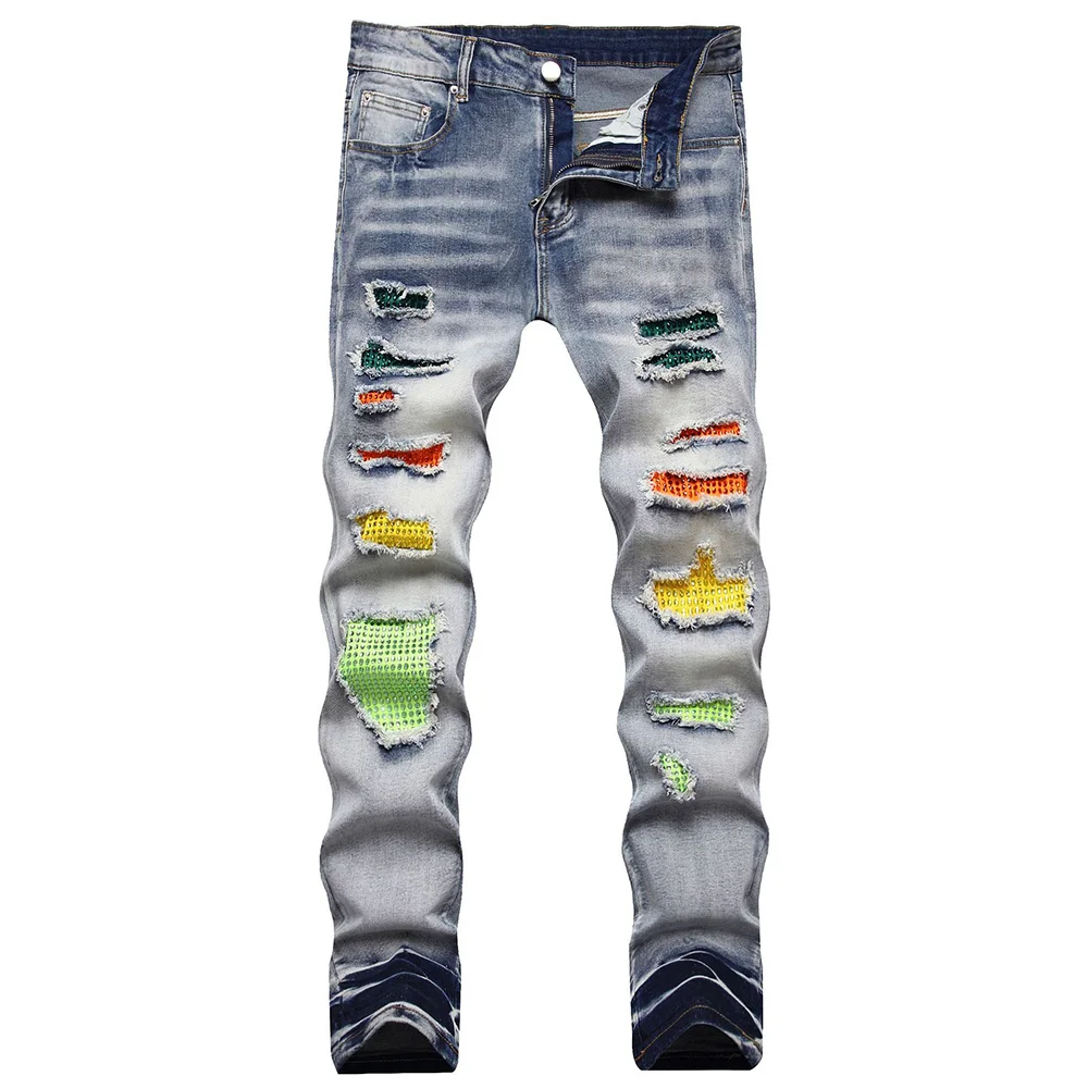 Men Crystal Stretch Denim Jeans Colored Patches Patchwork Slim Tapered Pants Streetwear Trousers
Men Crystal Stretch Denim Jeans Colored Patches Patchwork Slim Tapered Pants Streetwear Trousers