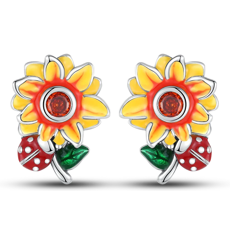 

Luxury 925 Sterling Silver Charm Sunflower Ladybug Earrings For Women Pave CZ Fine Engagement Anniversary Fashion Jewelry Gifts