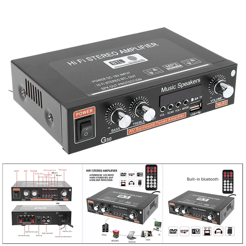 G30 Audio Amplifier Amplificador Digital Home Power Bluetooth Hifi Stereo Subwoofer Music Player With Remote
G30 Audio Amplifier Amplificador Digital Home Power Bluetooth Hifi Stereo Subwoofer Music Player With Remote