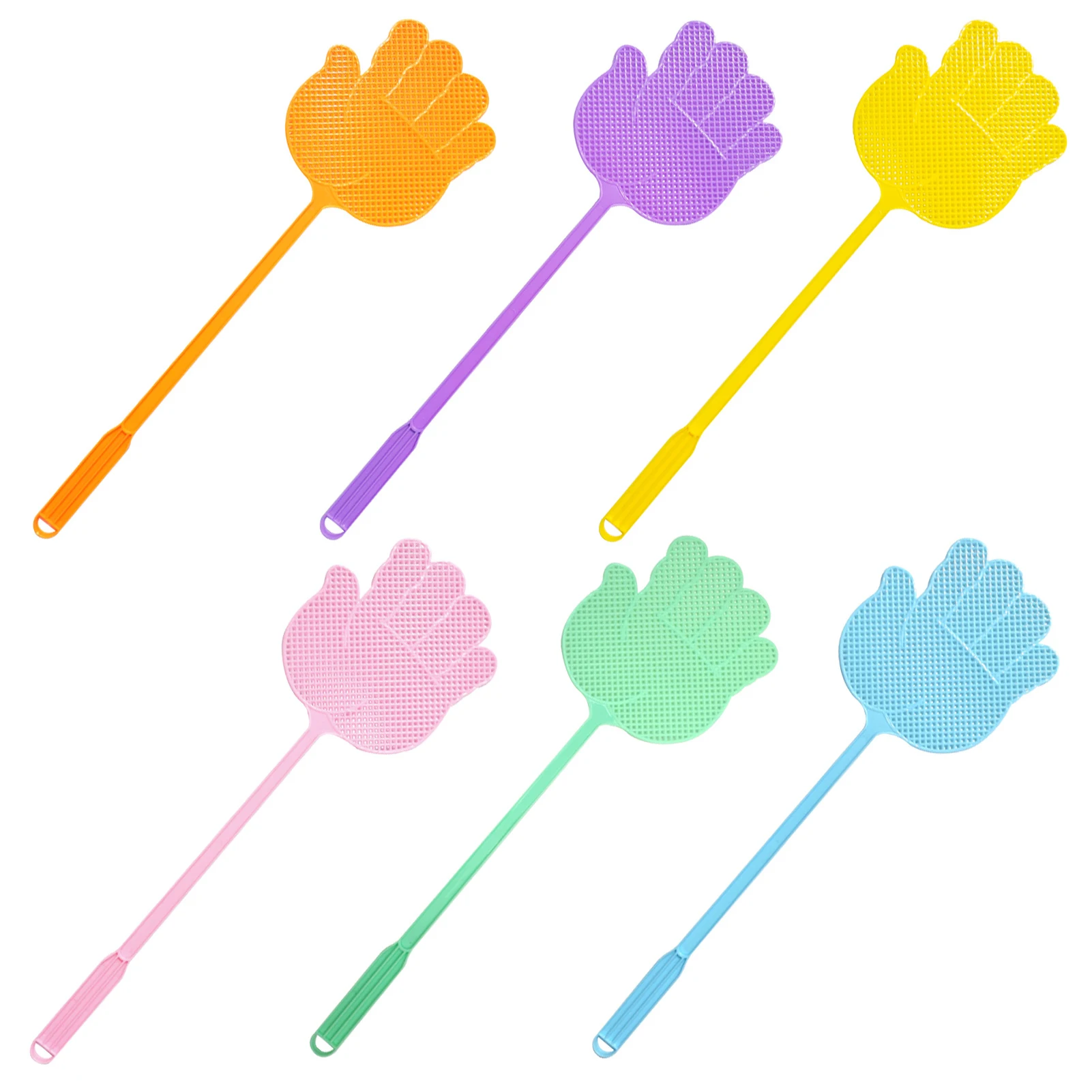 

6pcs Hanging Hole Soft Durable Home Office Long Handle Funny Stable Plastic Indoor Outdoor Mosquitoes Fly Swatter Hand Shaped