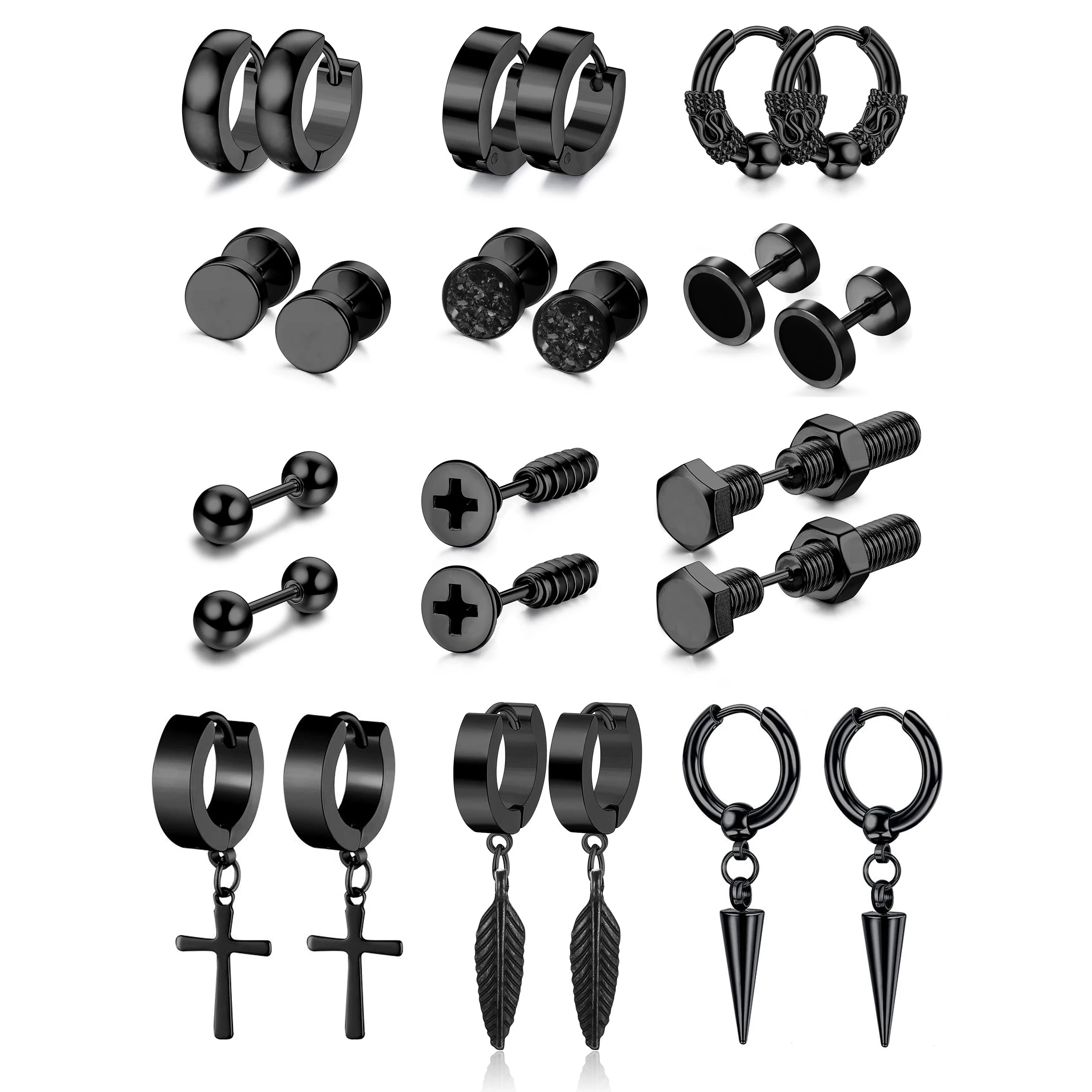 

1-12 Pairs Black Stainless Steel Tiny Ball Barbell Screw Studs Cartilage Earrings Cross Dangle Hoop Earrings Set for Men Women