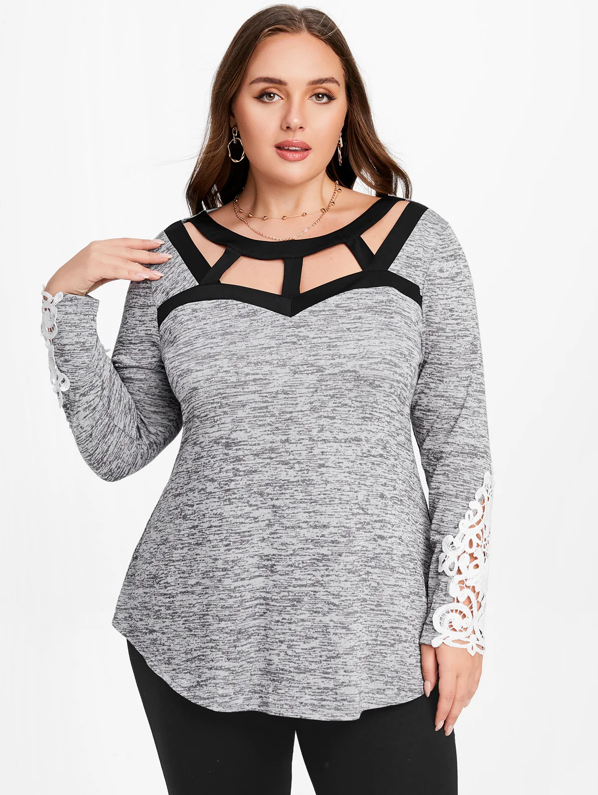 

ROSEGAL Plus Size Cut out Lace Panel T-Shirt Round Neck Space Dye Top Women Spring Autumn Long Sleeves Tees Causal Clothing 4XL