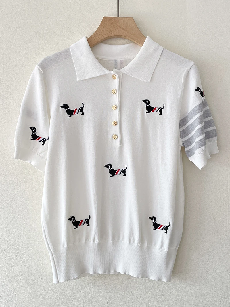 TB Lapel Embroidered Puppy Loose Short Sleeve Ice Silk Knit Women's T-shirt Ice Silk Design Sense Pullover Summer New
TB Lapel Embroidered Puppy Loose Short Sleeve Ice Silk Knit Women's T-shirt Ice Silk Design Sense Pullover Summer New