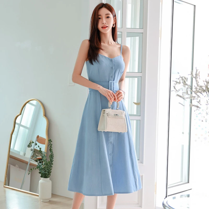 

Women's New Summer Korean Style High-end Temperament V-neck Sleeveless Fashion Denim A-word Lively Age Reducing Suspender Dress