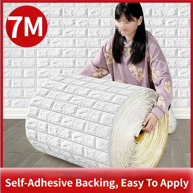 

A Roll of 7M 3D Brick Wall Stickers DIY Children's Room Self-adhesive Waterproof Wallpaper Bedroom Kitchen Home Wall Decoration