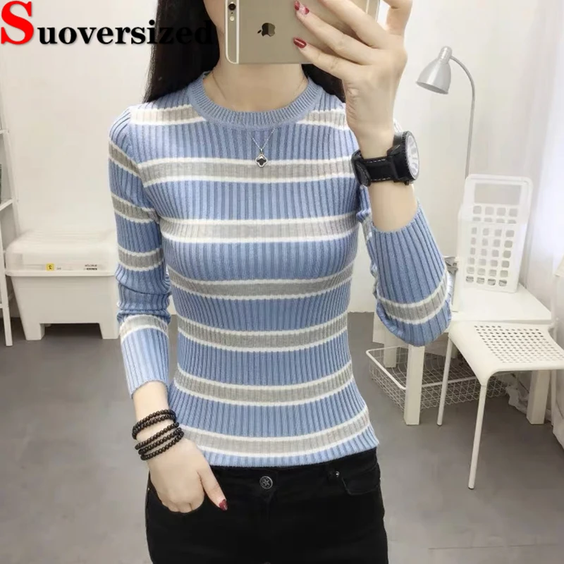 Spring Thin Striped Knitted Tops For Women O Neck Casual Sweater Slim Stretch Bottomed Knitwears Korean Fashion Pullover
Spring Thin Striped Knitted Tops For Women O Neck Casual Sweater Slim Stretch Bottomed Knitwears Korean Fashion Pullover