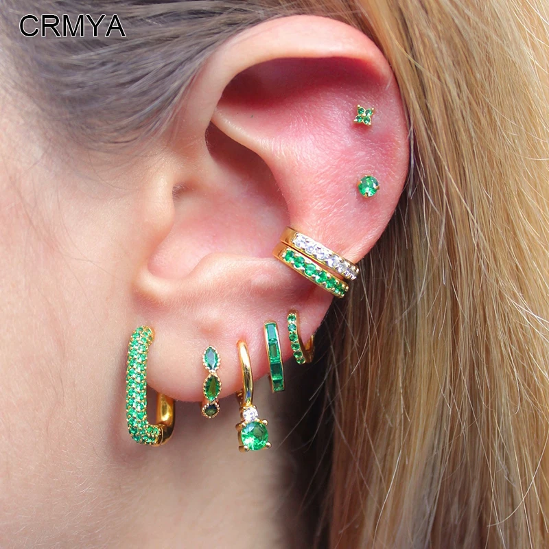 

CRMYA Emerald CZ Zircon Clip Drop Hoop Earrings For Women Fashion Gold Plated Piercing Famale Earring Set 2023 Jewelry Wholesale