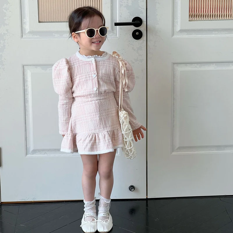 

Spring Autumn Girls 2 Pcs Set Baby Coat + Skirt Kids Suits Children Clothes Fashion Plaid Check Gunny Puff Sleeve Ruched 1-6Y