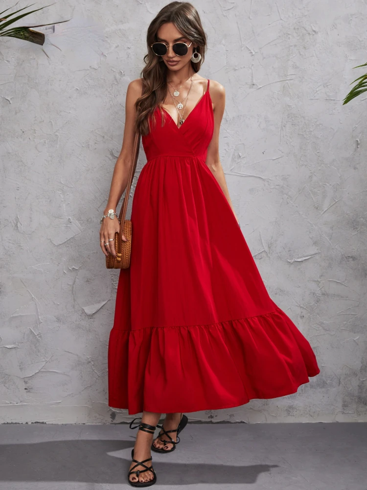 Summer Red Elegant Dress Women Casual Backless Sexy Strap Midi Dress Female Designer Patchwork Ruffle Flounce Slim Dresses 2022 
Summer Red Elegant Dress Women Casual Backless Sexy Strap Midi Dress Female Designer Patchwork Ruffle Flounce Slim Dresses 2022