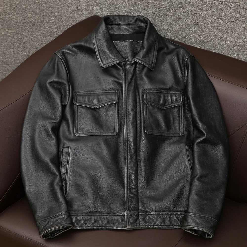 

Классическая Повседневная мужская куртка из воловьей кожи, винтажная серая приталенная Байкерская кожаная куртка, 100%