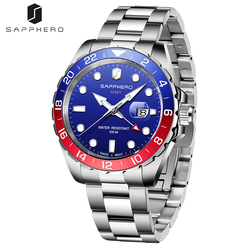 

SAPPHERO Mens GMT Watch 100 Waterproof Swiss Quartz Movement 316L Stainless Steel Case Clock Luxury Reloj Hombre