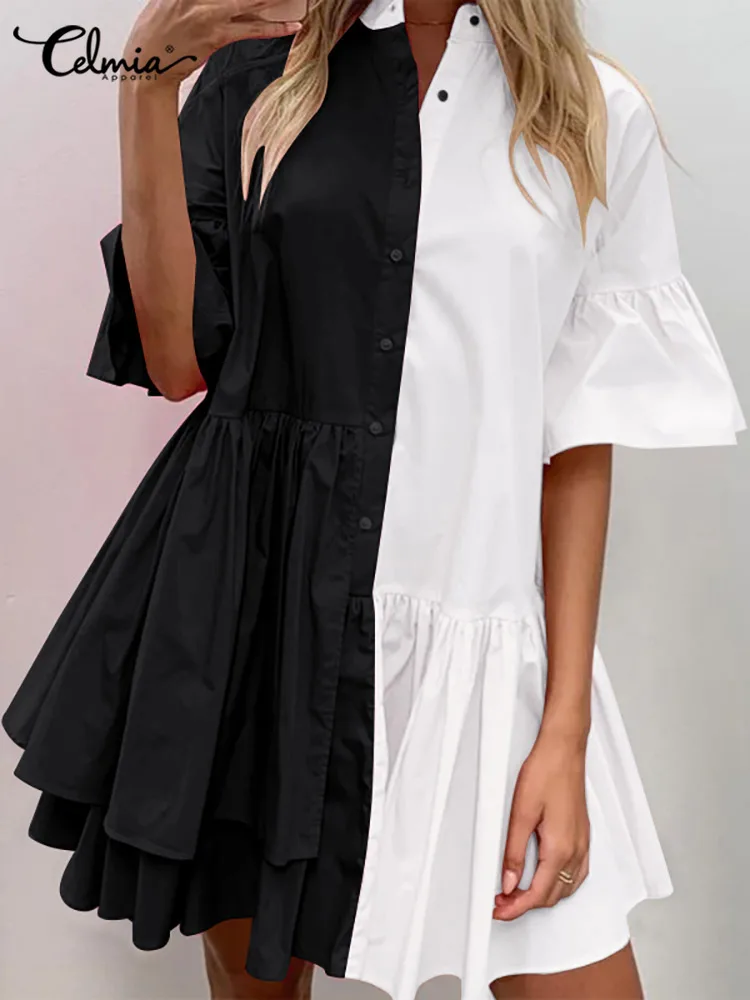 Celmia Casual Loose Mini Dress Women Color Contrast Pleated Vestidos Fashion Flare Sleeve Ruffles Patchwork Robes Short Sundress
Celmia Casual Loose Mini Dress Women Color Contrast Pleated Vestidos Fashion Flare Sleeve Ruffles Patchwork Robes Short Sundress