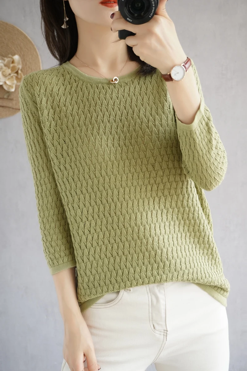 Летние женские топы, футболки, тонкий женский пуловер, женский свитер, джемпер с круглым вырезом и рукавом три четверти, 100% хлопок, Kni 
Летние женские топы, футболки, тонкий женский пуловер, женский свитер, джемпер с круглым вырезом и рукавом три четверти, 100% хлопок, Kni