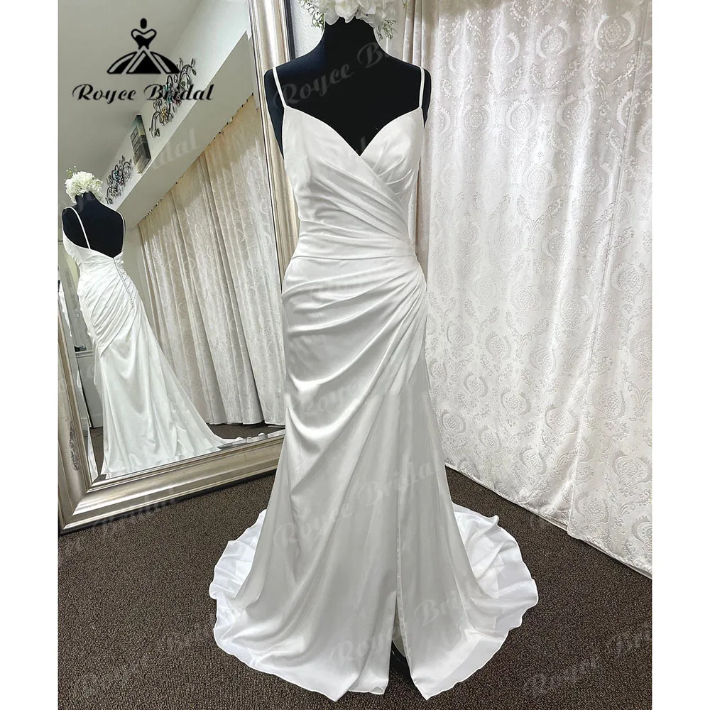 Sexy Mermaid/Trumpet Soft Satin Split Side Pleats Wedding Gown with V Neck Backless Spaghetti Straps Bridal Receipt Dinner Party
Sexy Mermaid/Trumpet Soft Satin Split Side Pleats Wedding Gown with V Neck Backless Spaghetti Straps Bridal Receipt Dinner Party