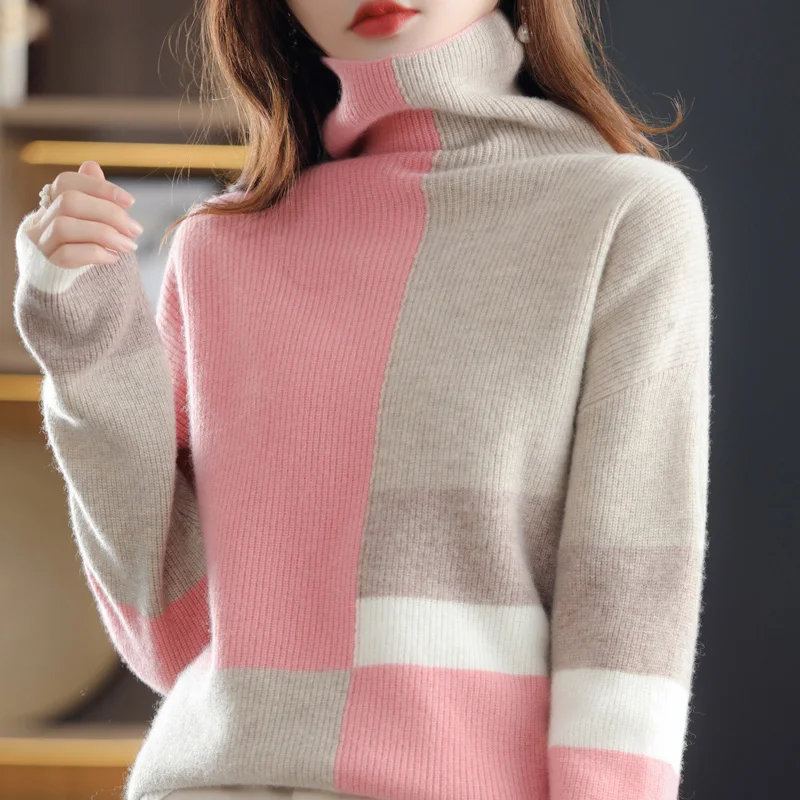 spring and autumn new 100% pure wool sweater women's pile pile high-neck color-blocking cashmere sweater loose knitted pullover
spring and autumn new 100% pure wool sweater women's pile pile high-neck color-blocking cashmere sweater loose knitted pullover