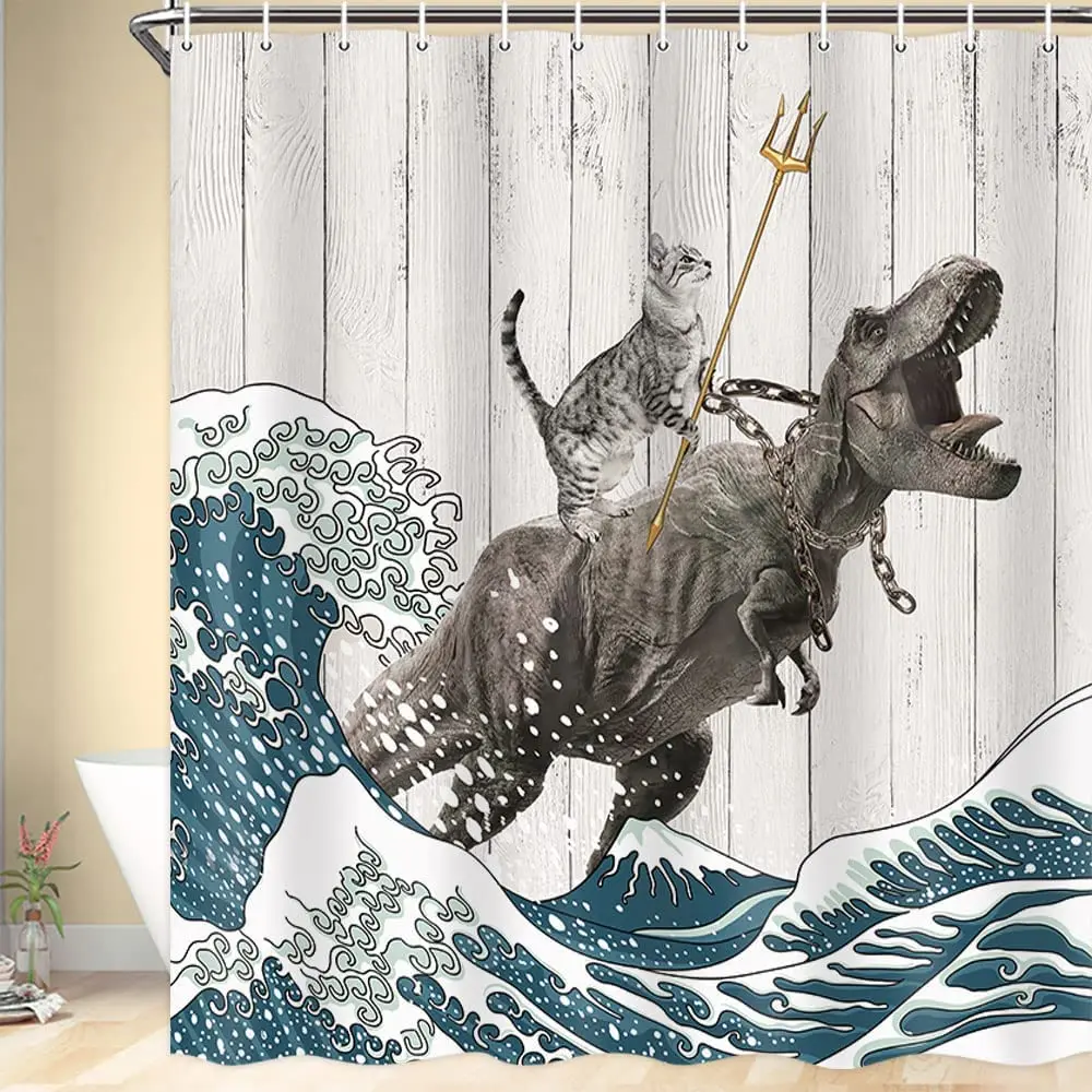

Funny Animal Shower Curtain Cool Cat Riding Dinosaur Japanese Ocean Wave Decor Bathroom Curtains Kids Rustic Wooden Bath Curtain