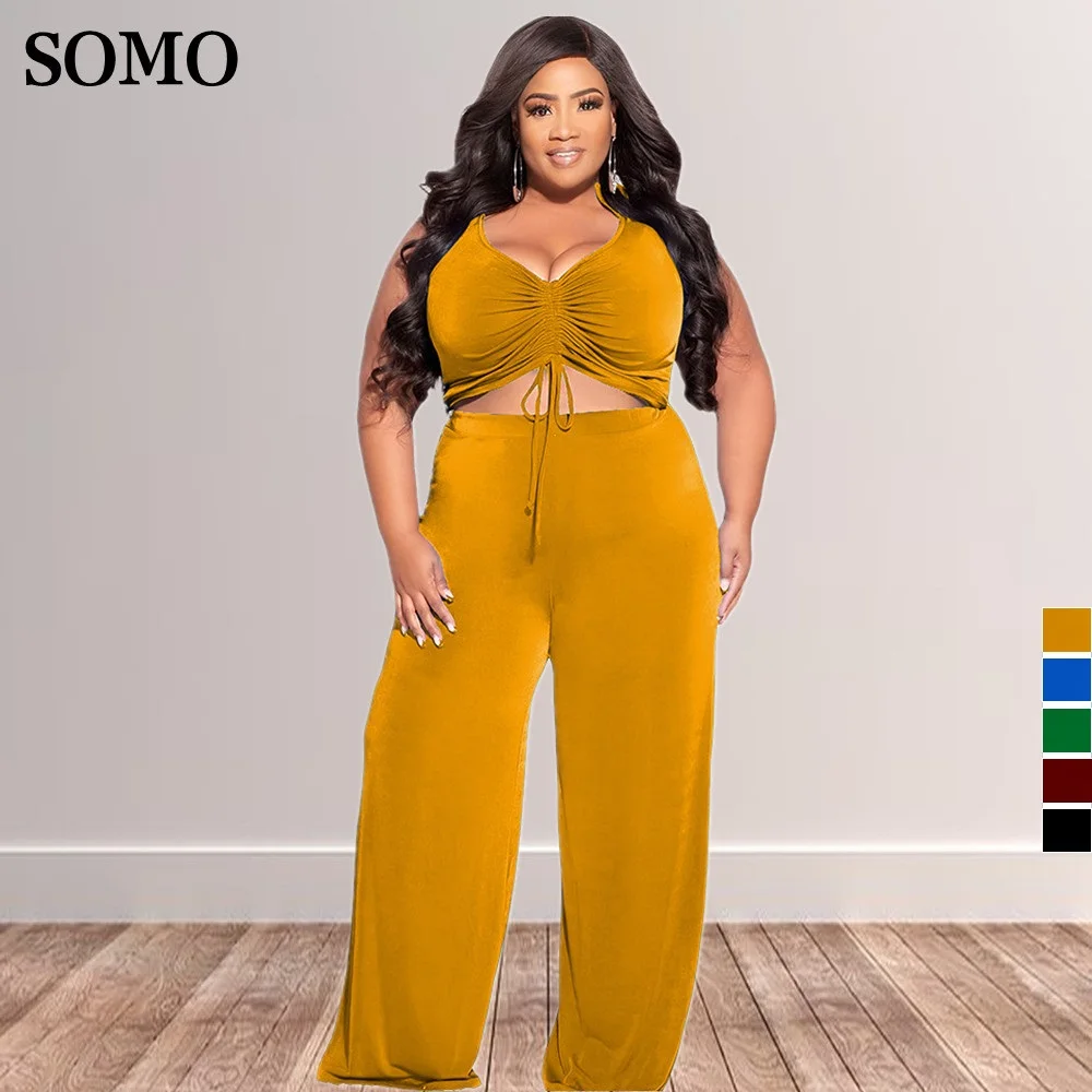 SOMO Streetwear Solid Plus Size Women Clothing Drawstring Sleeveless Top Wide Leg Pants Two Piece Sets Wholesale Dropshipping
SOMO Streetwear Solid Plus Size Women Clothing Drawstring Sleeveless Top Wide Leg Pants Two Piece Sets Wholesale Dropshipping